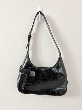 VTG Y2K Black Faux Leather Crocodile Embossed Baguette Shoulder Bag Cool Girl